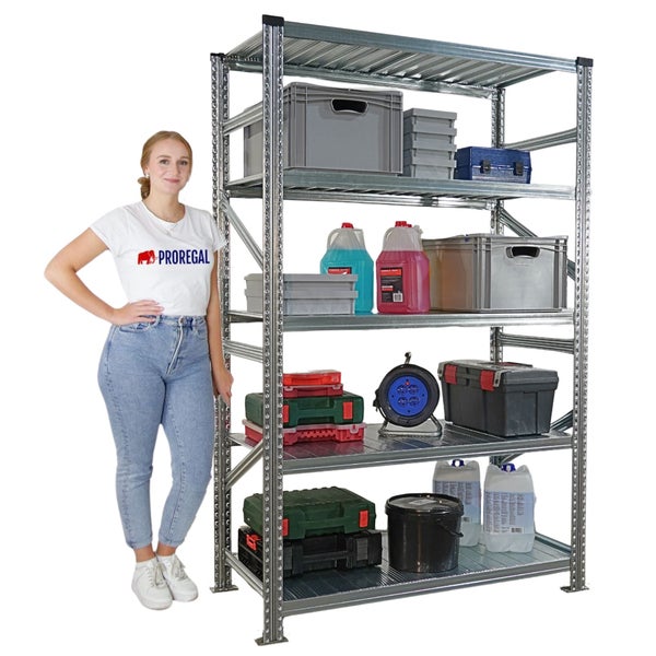 Regalsystem mit fünf Böden und verschiedenen Aufbewahrungsboxen