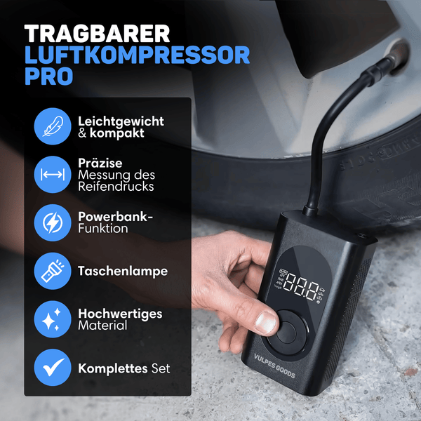 Vulpes Goods Luftkompressor - Tragbarer Kompressor - 6400mAh - Kompressor für Auto, Scooter, Fahrrad, Ball -