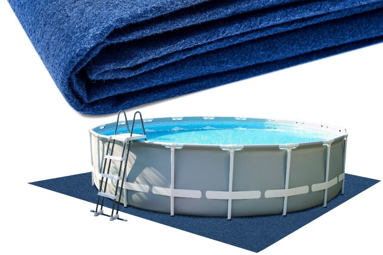 Blaues Poolvlies als Unterlage für Rundpools, Detailansicht der Materialstruktur und Anwendungsbeispiel mit Aufstellpool und Leiter.