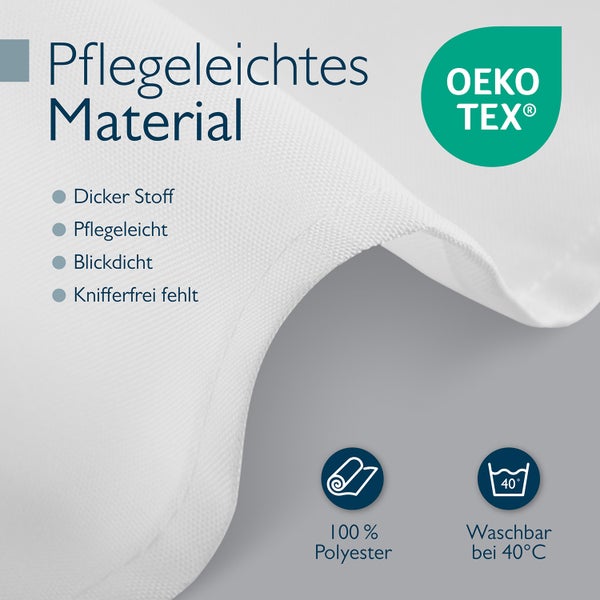 Informationen zum pflegeleichten Material, Öko-Tex Siegel, Hinweise zu dickem Stoff, pflegeleicht, blickdicht, knitterfrei, 100 % Polyester, waschbar bei 40 Grad