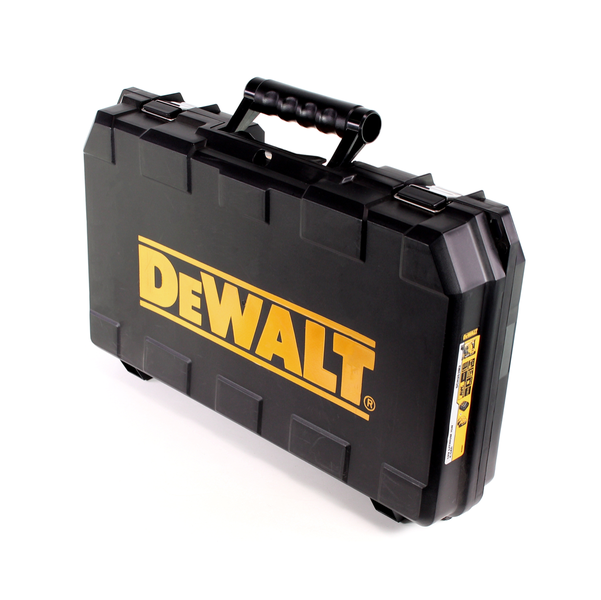 Schwarzer DeWALT Werkzeugkoffer aus Kunststoff mit Tragegriff und DeWALT Logo.