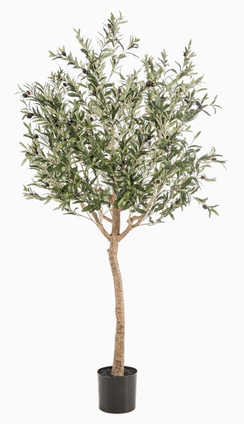 Künstliche Graspflanze mit federartigen Blüten in schwarzem Kunststofftopf