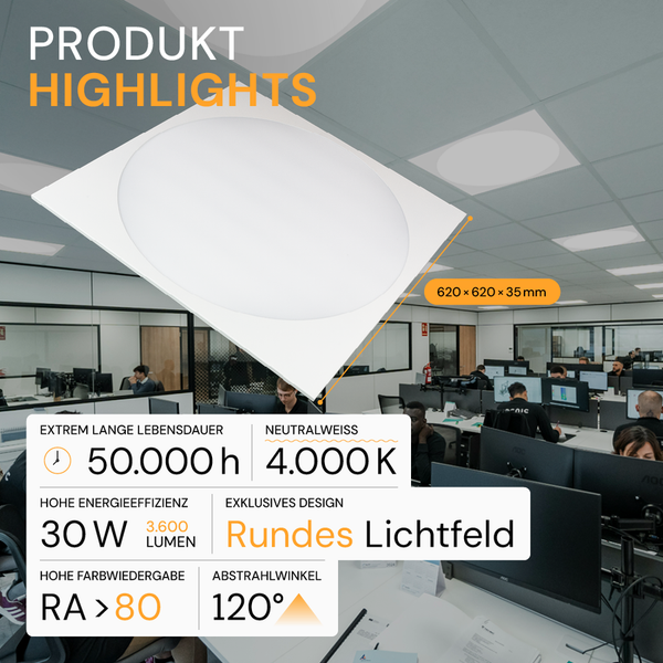 ENOVALITE LUNOS LED Panel 62x62 Rasterdeckenleuchte 30W LED Deckenleuchte 3600lm 4000K Neutralweiß Runder Lichtaustritt