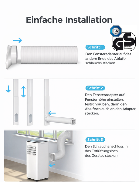 Dreistufige Installationsanleitung für den Abluftschlauch eines mobilen Klimageräts mit Fensteradapter und TÜV SÜD GS Siegel für geprüfte Sicherheit.