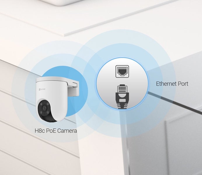 EZVIZ H8c Überwachungskamera mit Power over Ethernet Anschluss für Stromversorgung und Datenübertragung über ein Netzwerkkabel.