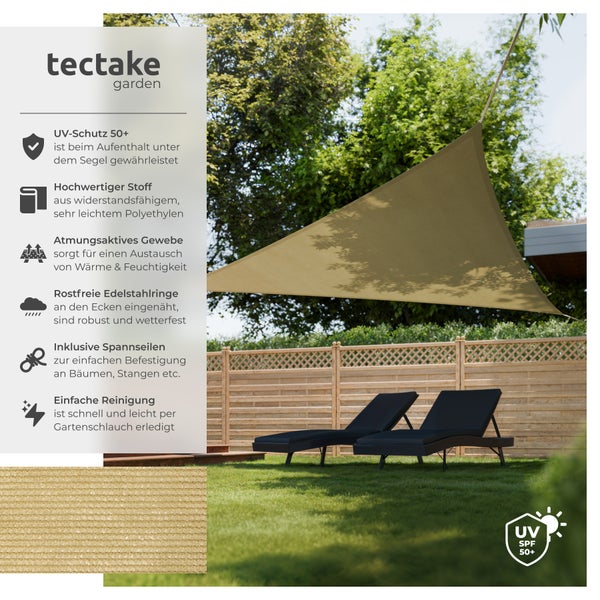 Dreieckiges Sonnensegel von Tectake im Garten mit zwei Liegestühlen.