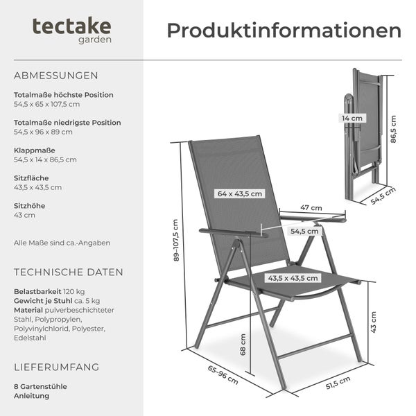 tectake Logo. Produktinformationen für Klappstühle mit Abmessungen in Zentimeter, Belastbarkeit von 120 Kilogramm und Materialangaben.