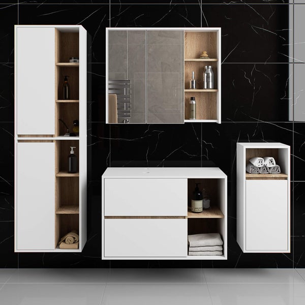 Badezimmer-Set mit Waschbeckenunterschrank, Spiegelschrank und Hochschränken