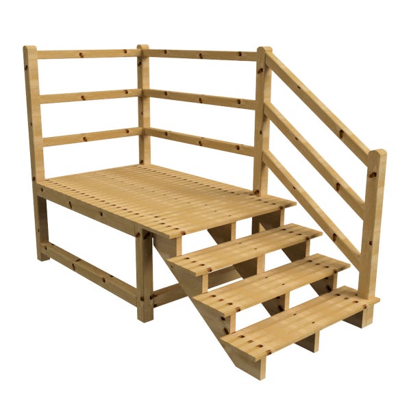 Holzterrasse mit Geländer und Treppe