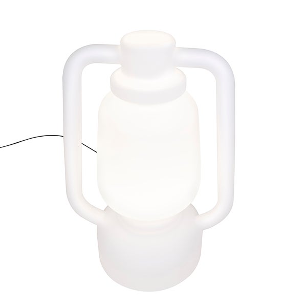 Weiße Tischleuchte in Form einer Laterne aus Kunststoff mit zwei seitlichen Griffen und Netzkabel.