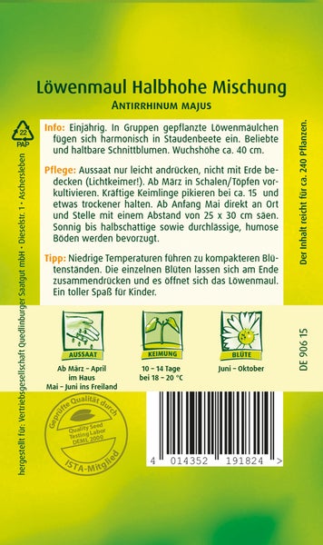 Rückseite einer Samentüte für Löwenmaul Halbhohe Mischung mit Pflanzanleitung, Angaben zur Blütezeit, Inhalt für circa 240 Pflanzen und Qualitätssiegel.