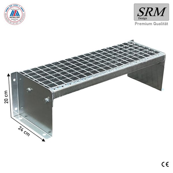 Gitterroststufe aus verzinktem Stahl, 20 Zentimeter hoch, 24 Zentimeter tief, rutschhemmend, SRM Design Logo, europäisches Konformitätszeichen.