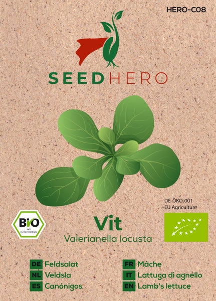 Samentüte für Bio-Feldsalat Vit von SeedHero mit Zertifizierung für ökologischen Landbau.