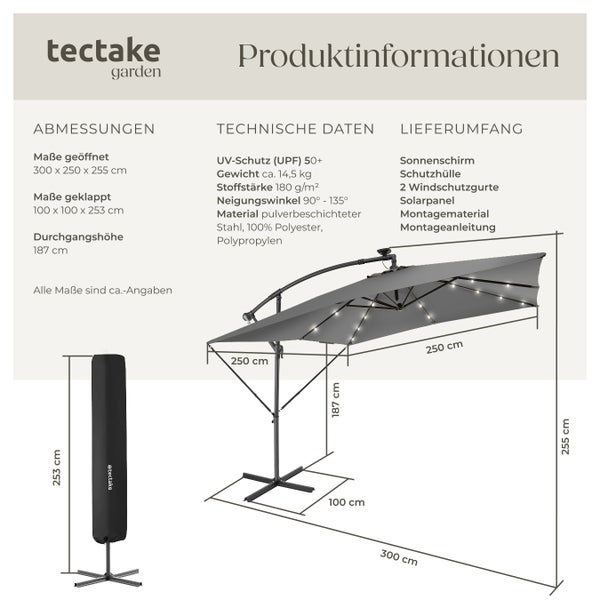 Sonnenschirm tectake Sunna wasserabweisend, inkl. Windsicherung und Schutzhülle 250 x 250 cm mit LED Solar-Beleuchtung hellgrau