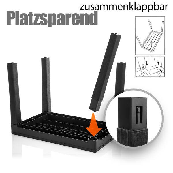 Abbildung eines platzsparenden, zusammenklappbaren Tisches mit abnehmbaren Tischbeinen.
