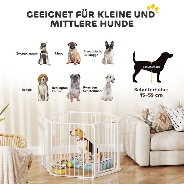 Weißer Welpenauslauf aus Metall, geeignet für kleine bis mittlere Hunde mit einer Schulterhöhe von 15 bis 55 Zentimetern.