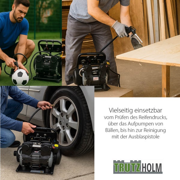 Tragbarer Trutzholm Kompressor beim Aufpumpen eines Fußballs, Reinigen mit der Ausblaspistole und Prüfen des Reifendrucks am Auto.