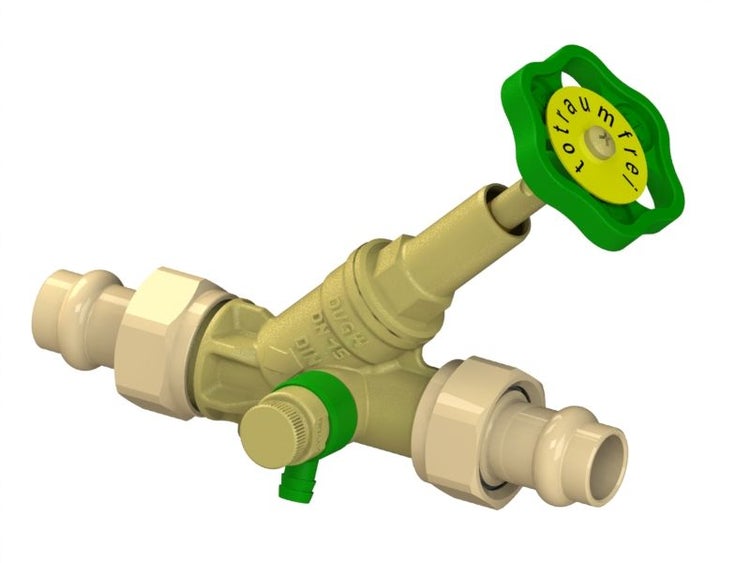Schrägsitzventil aus Rotguss mit Pressanschluss, Nennweite 15, mit Entleerungsventil und grünem Handrad.