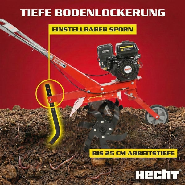 Motorhacke im Einsatz mit einstellbarem Sporn zur Bodenlockerung bis 25 cm Arbeitstiefe