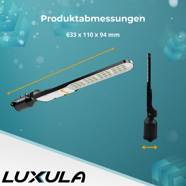 Produktabbildung einer LED-Straßenleuchte mit Maßangaben