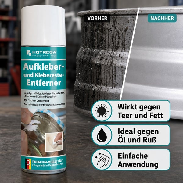 Hotrega Aufkleber und Klebereste Entferner Spraydose mit Anwendungsbeispielen und Vorher Nachher Vergleich der Reinigungswirkung