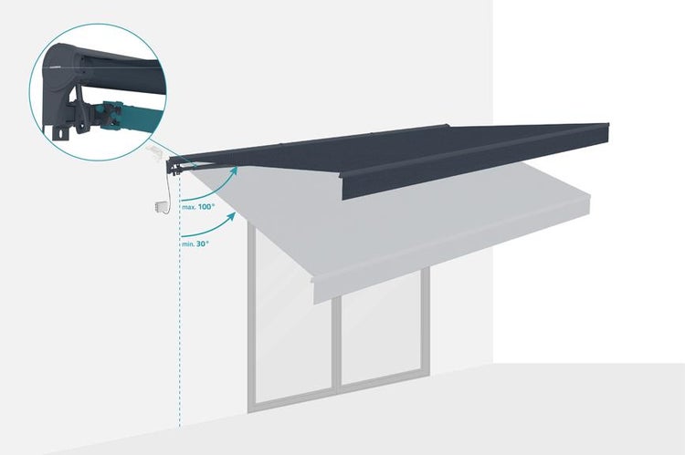 Markise mit verstellbarem Neigungswinkel von minimal 30 Grad bis maximal 100 Grad inklusive Detailansicht der Halterung.