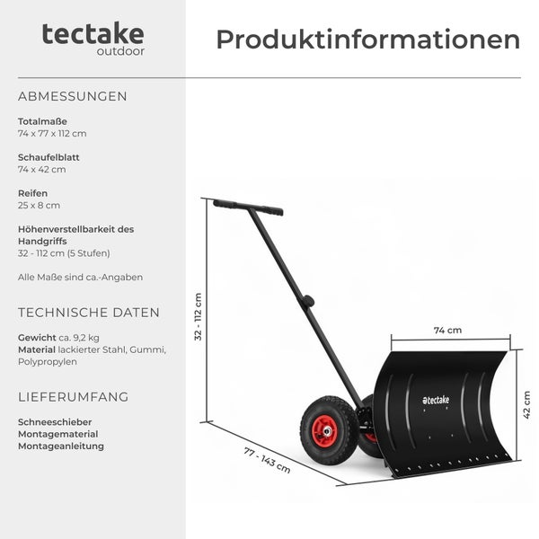 Schneeschaufel auf Rädern tectake Muttler lackierter Stahl, Schaufelblatt 74 x 42 cm 5-fach höhenverstellbar