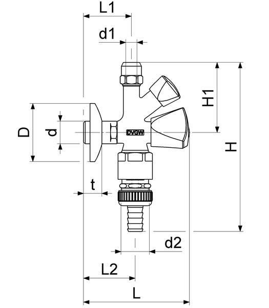Technische Zeichnung eines Kombi-Eckventils mit DVGW-Zertifikat und Maßangaben für Anschlüsse und Gesamthöhe.