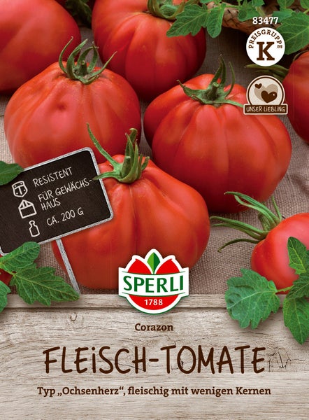 Sperli Tomatensamen Corazon Fleischtomate Ochsenherz Typ mit hoher Resistenz für das Gewächshaus und Fruchtgewicht von circa 200 Gramm.