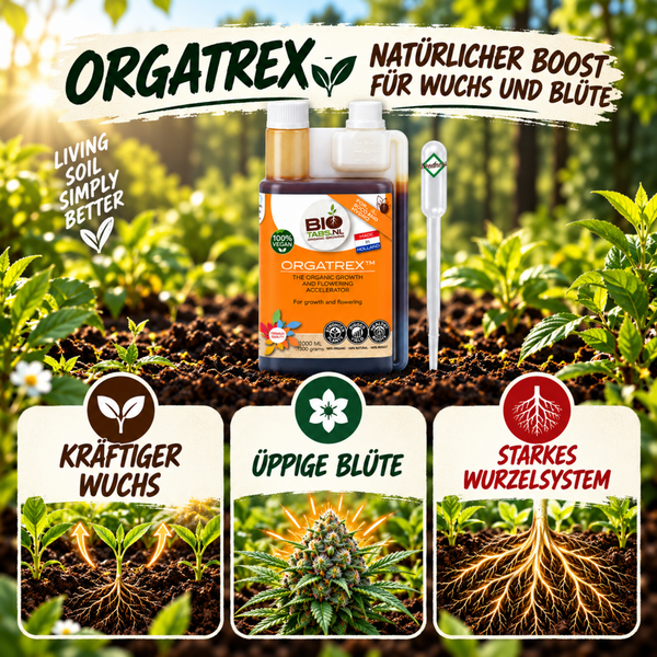 Orgatrex Pflanzendünger in einer Flasche mit Dosierhilfe für kräftiges Wachstum, üppige Blüte und ein starkes Wurzelsystem.