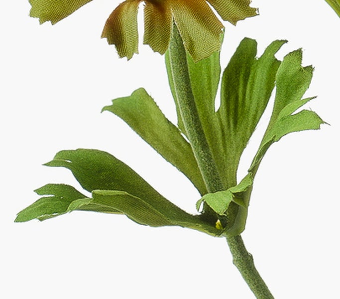Detailansicht eines künstlichen Blumenstiels mit grünen Blättern.