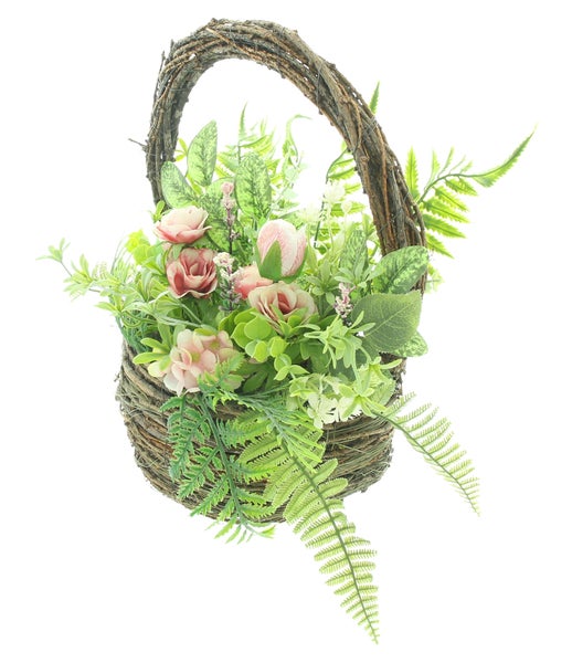 FRANK FLECHTWAREN|Kunstblumenkorb Zartes Rosa, 26 x 12 x 34 cm, KIEFER, POLYETHYLEN, STYROPOR, TEXTIL