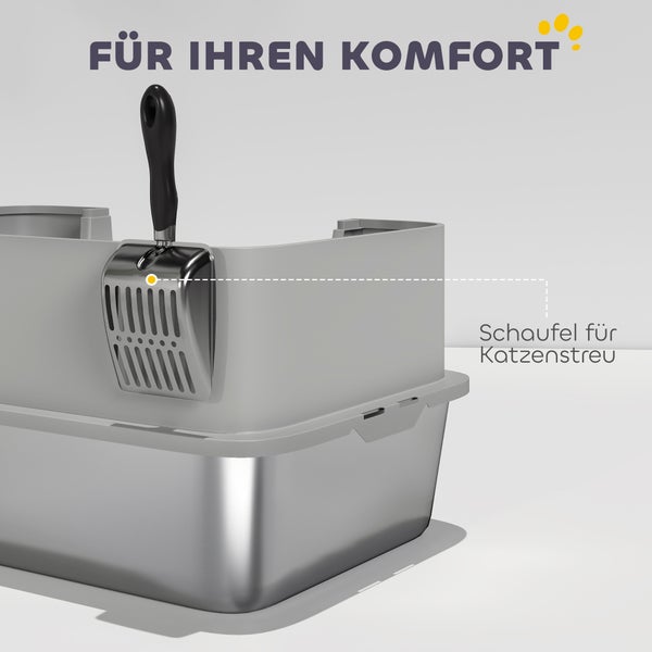 Edelstahl-Katzentoilette mit hohem Rand und einer am Rand befestigten Metallschaufel für Katzenstreu.