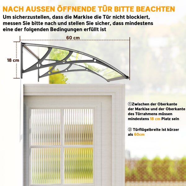 Infografik zur Montage eines Türvordachs bei nach außen öffnenden Türen mit Maßen von 18 Zentimetern und 60 Zentimetern.