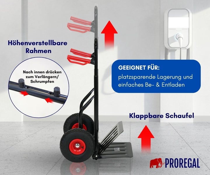 Proregal Sackkarre mit höhenverstellbarem Rahmen und klappbarer Schaufel für platzsparende Lagerung und einfaches Be- und Entladen.
