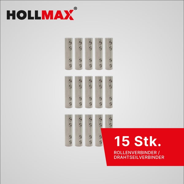 Hollmax Logo. 15 Stück Rollenverbinder und Drahtseilverbinder aus Metall mit je vier Klemmschrauben.