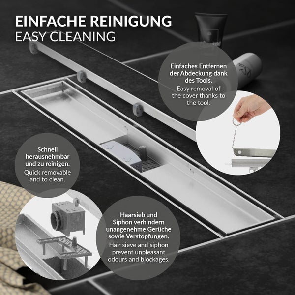 Duschrinne aus Edelstahl mit Informationen zur Reinigung: abnehmbare Abdeckung mit Werkzeug sowie Haarsieb und Siphon gegen Verstopfungen.