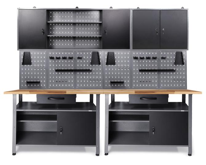 Werkbank mit Werkzeugschrank, Werkzeugwand und Schubladen für die Werkstatt