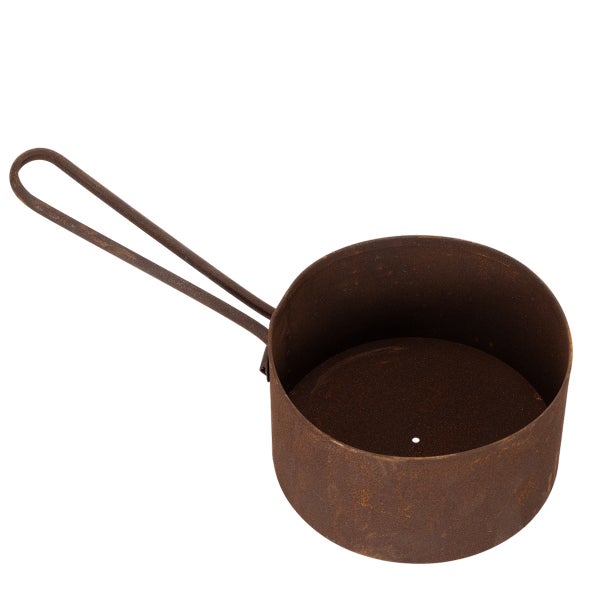 Runder Pflanztopf aus Metall mit langem Griff, Rost-Optik, für Garten und Dekoration.