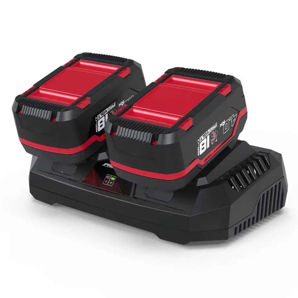 Doppel-Ladegerät mit zwei 18 Volt Lithium-Ionen Akkus, 4,0 Amperestunden.