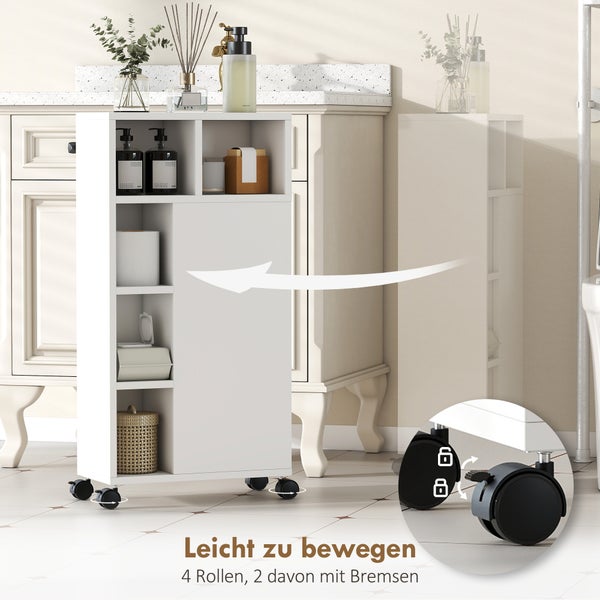 Schmaler Badezimmerschrank auf Rollen mit offenen Ablagen und einem geschlossenen Fach. Inklusive Detailansicht der feststellbaren Rollen.