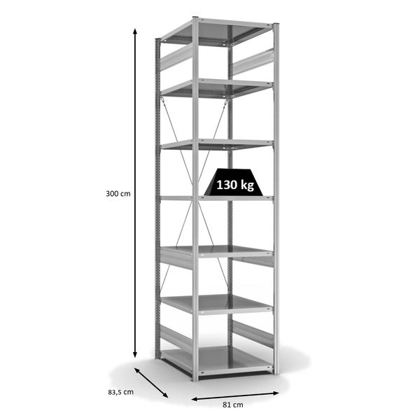 PROREGAL Fachbodenregal Stecksystem T-Profil Light-Duty Grundregal HxBxT 300 x 75 x 80 cm 7 Ebenen Fachlast 130 kg Einseitig Nutzbar Verzinkt