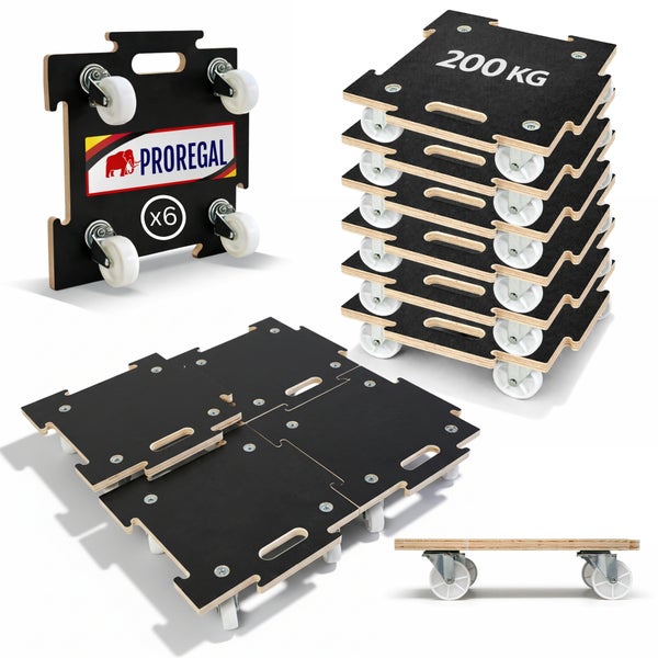 Sechsteiliges Set Transportroller aus Sperrholz mit Antirutschbeschichtung, koppelbar, Tragkraft 200 Kilogramm pro Roller, Proregal Logo.