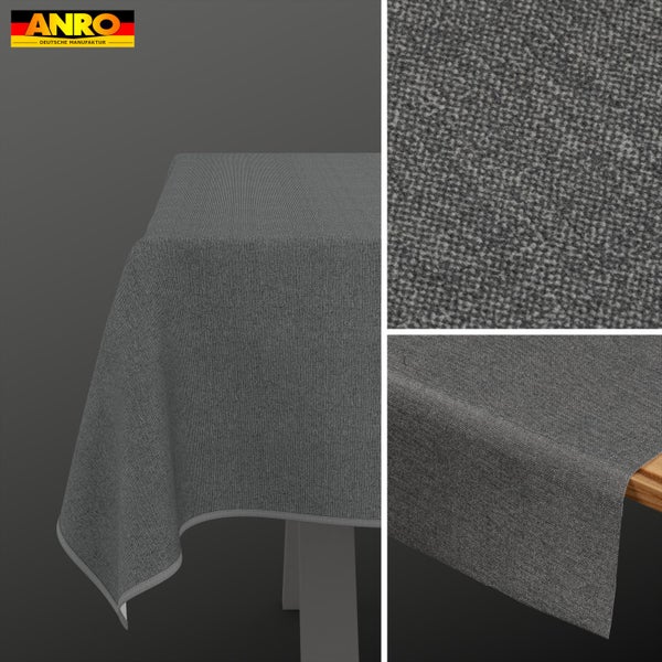 ANRO Logo. Gewebte Tischdecke mit feiner Textur und umgenähtem Rand, Nahaufnahme der Stoffstruktur.