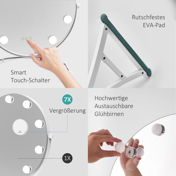 EMKE Hollywood Schminkspiegel Ø40 cm, LED-Tischspiegel mit Touch-Funktion, 9 dimmbare Leuchtmittel, 3 Lichtfarben, 7x Vergrößerung, Memory-Funktion, 360° drehbar, bohrfrei, Weiß – für Schminktisch & Schlafzimmer