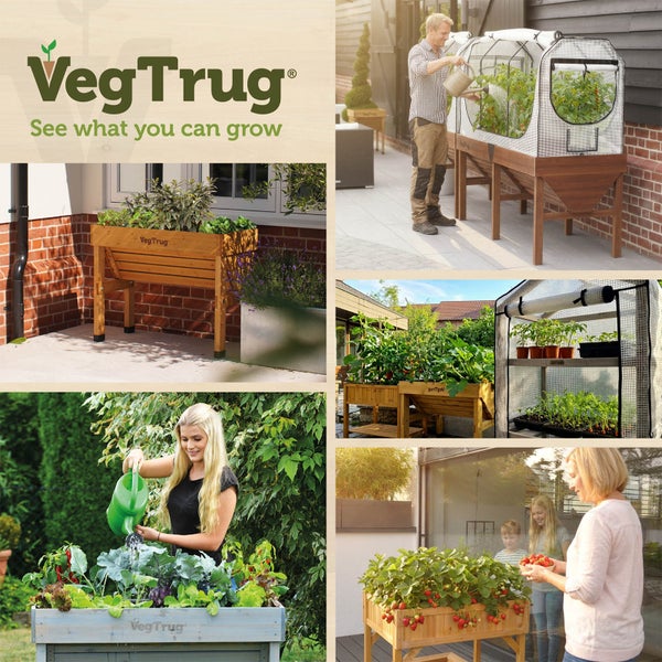 VegTrug Logo und Collage von Hochbeeten und Gewächshäusern mit Pflanzen in Gärten und auf Terrassen.