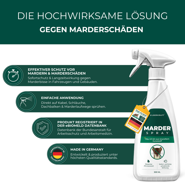 Silberkraft Marderspray 500ml, Effektiver Sofort- & Langzeitschutz gegen Marder im Auto, Dachboden & Haus, Verhindert Marderbisse an Kabeln & Schläuchen , Überdeckt Duftmarken für nachhaltige Abwehr