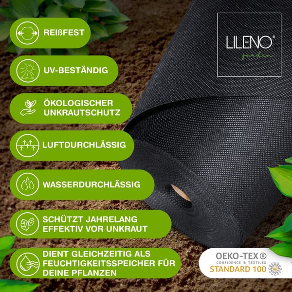 LILENO garden Logo. Rolle Unkrautschutzvlies. Reißfest, ultraviolett-beständig, ökologisch, wasserdurchlässig, langlebig. OEKO-TEX Logo.