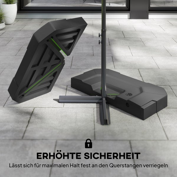Modularer Sonnenschirmständer mit verriegelbaren Gewichtsplatten auf einem Metallkreuzfuß für maximale Standfestigkeit auf der Terrasse.