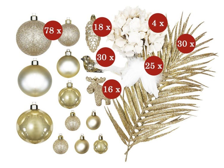 Weihnachtsbaumschmuck Set aus glitzernden und glatten Weihnachtskugeln, Dekofiguren, Kunstblumen und Palmblättern für die Weihnachtsdekoration.